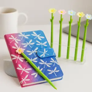 Tresneria Luxury Stationery Gift Set for Women, Journal with Soft Cover, 5 Floral Gel Pens, Acrylic Stand