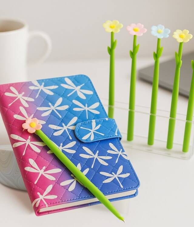 Tresneria Luxury Stationery Gift Set for Women, Journal with Soft Cover, 5 Floral Gel Pens, Acrylic Stand