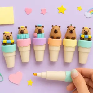 Tresneria Kids Cartoon Stationery Mini Highlighters Marker | Bear Cap Mini Highlighters in 6 Bright Colors | Set of 6