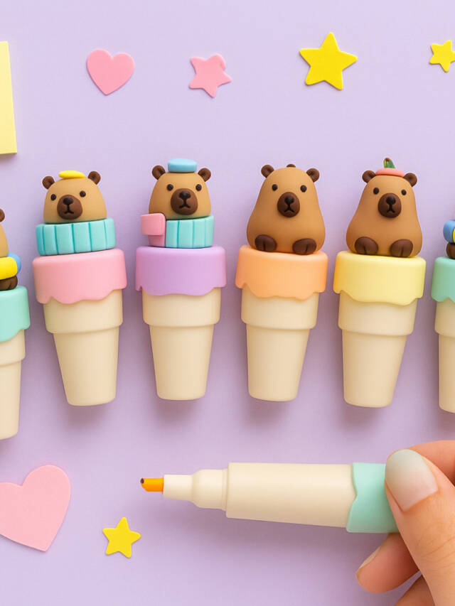 Tresneria Kids Cartoon Stationery Mini Highlighters Marker | Bear Cap Mini Highlighters in 6 Bright Colors | Set of 6