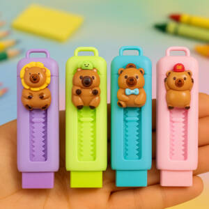 Tresneria Animal Cartoon Eraser – Cat & Bear Bunny Design | Fun Faces Design | Mini Safety Paper & Craft Knife for Kids (Set of 4)