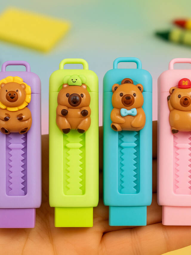 Tresneria Animal Cartoon Eraser – Cat & Bear Bunny Design | Fun Faces Design | Mini Safety Paper & Craft Knife for Kids (Set of 4)