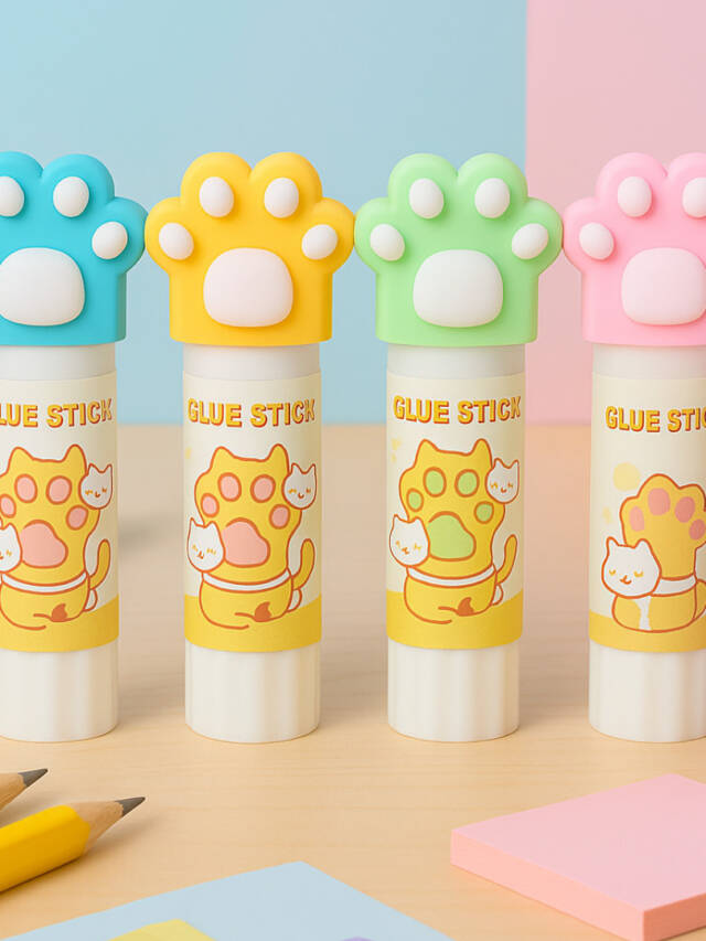 Cartoon Character Glue Stick Set of 4 for Kids – Panda, Unicorn, Hamburger, Astronaut & Cat Paw Designs (Cat Paw Glue Stick)