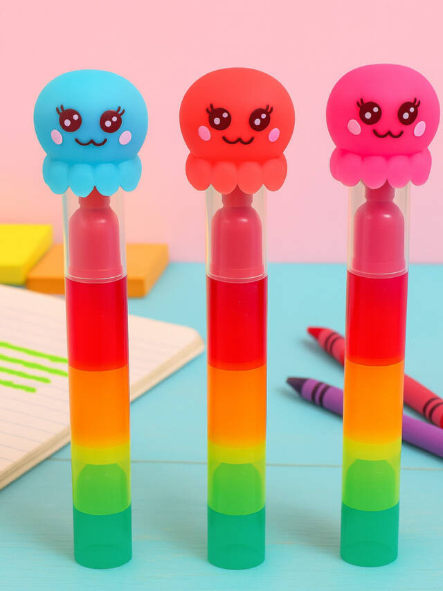 Tresneria Stackable Highlighter Pen for Kids | Fun Sea Animal Topper | Hello Kitty Topper | Set of 1-in-3 Highlighter Pen